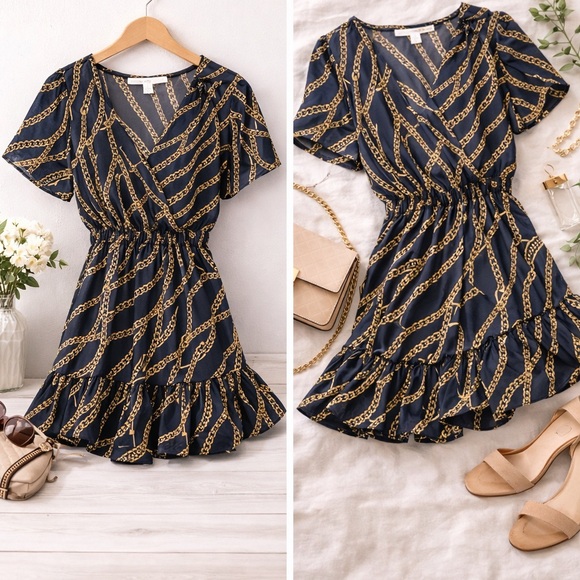 Michael Kors Dresses & Skirts - Michael Kors Navy Mini Dress with Gold Chain Print